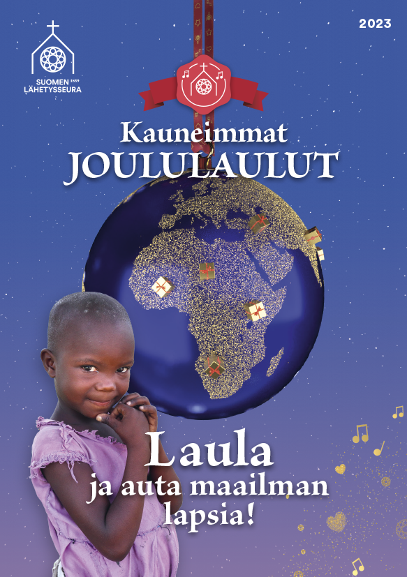 Kauneimmat Joululaulut -vihkon kansi -23, jossa etualalla pieni tyttö, taustalla maapallo kuusenkoristeena.
