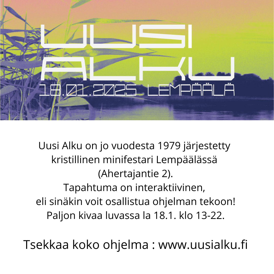 Uusi Alku -tapahtuman kuva ja teksti ohjelmasta ja ajankohdasta.