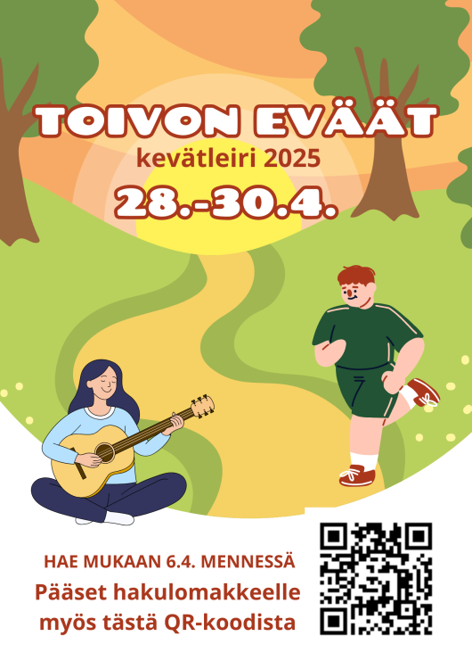 Toivon eväät - kevätleiri 2025 Kuvassa on kaksi ihmistä auringon laskussa. Toinen soittaa kitaraa ja toinen hölkkää. Mainos liittyy Toivon eväät leiriin.