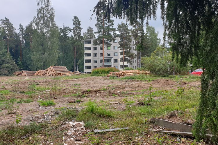 Rakentamaton tontti, jonka toisella reunalla on kerrostalo.