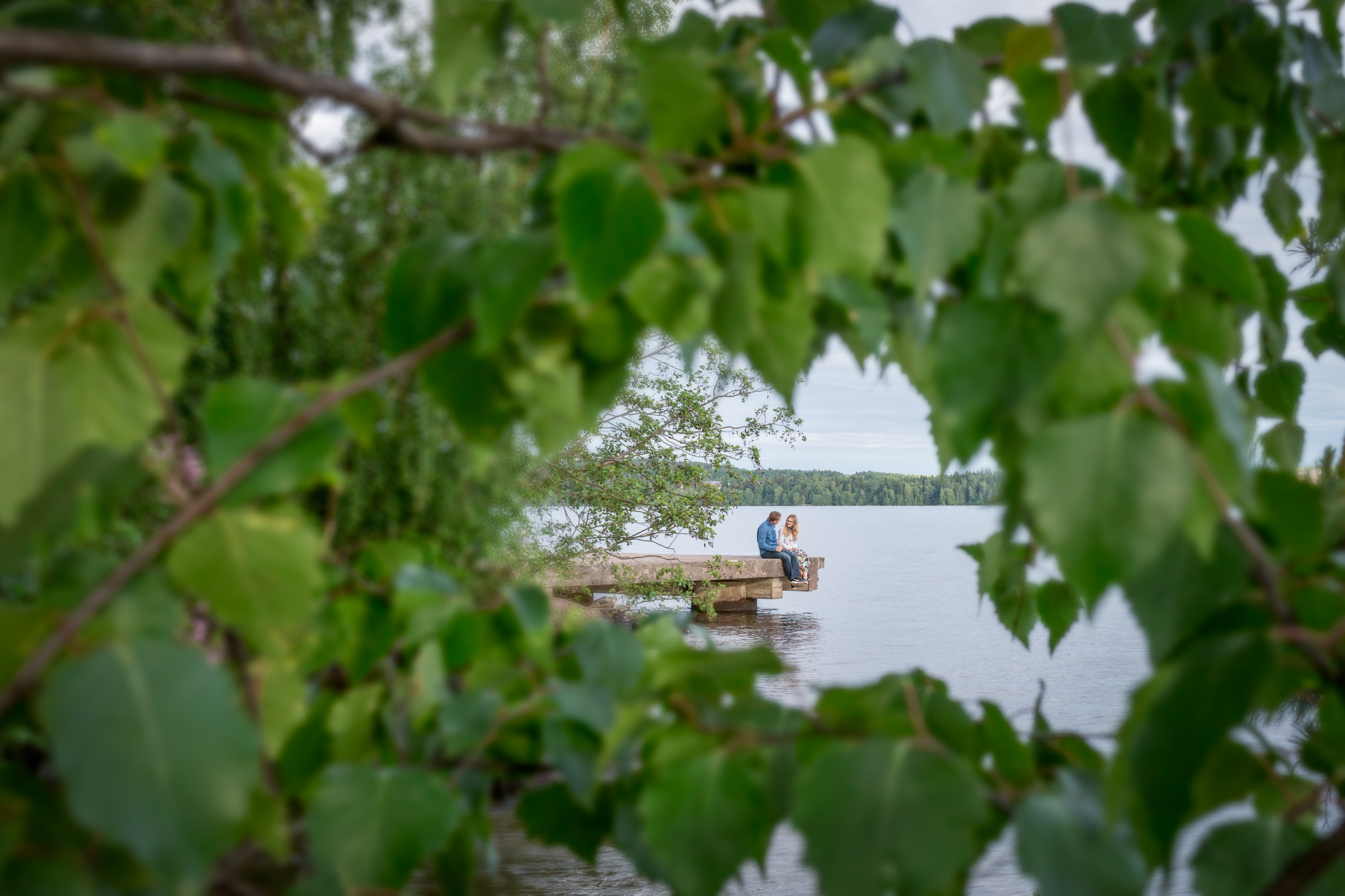 Nuori pari istuu laiturilla. Kuva otettu puun oksiston takaa.