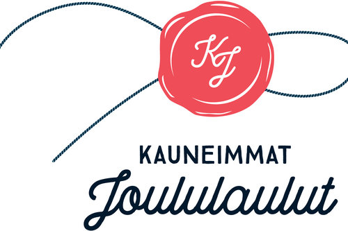 Kaunaimmat Joululaulut -tapahtuman logo, jossa on punainen sinetti, rusetti ja teksti Kauneimmat Joululaulu...