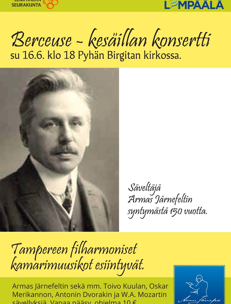 Berceuse-konsertin juliste. Kuvana on Armas Järnefeltin henkilökuva. 