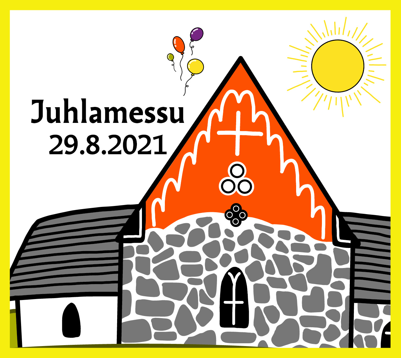 Juhlamessun tunnuskuva, jossa piirroskuva kirkosta.