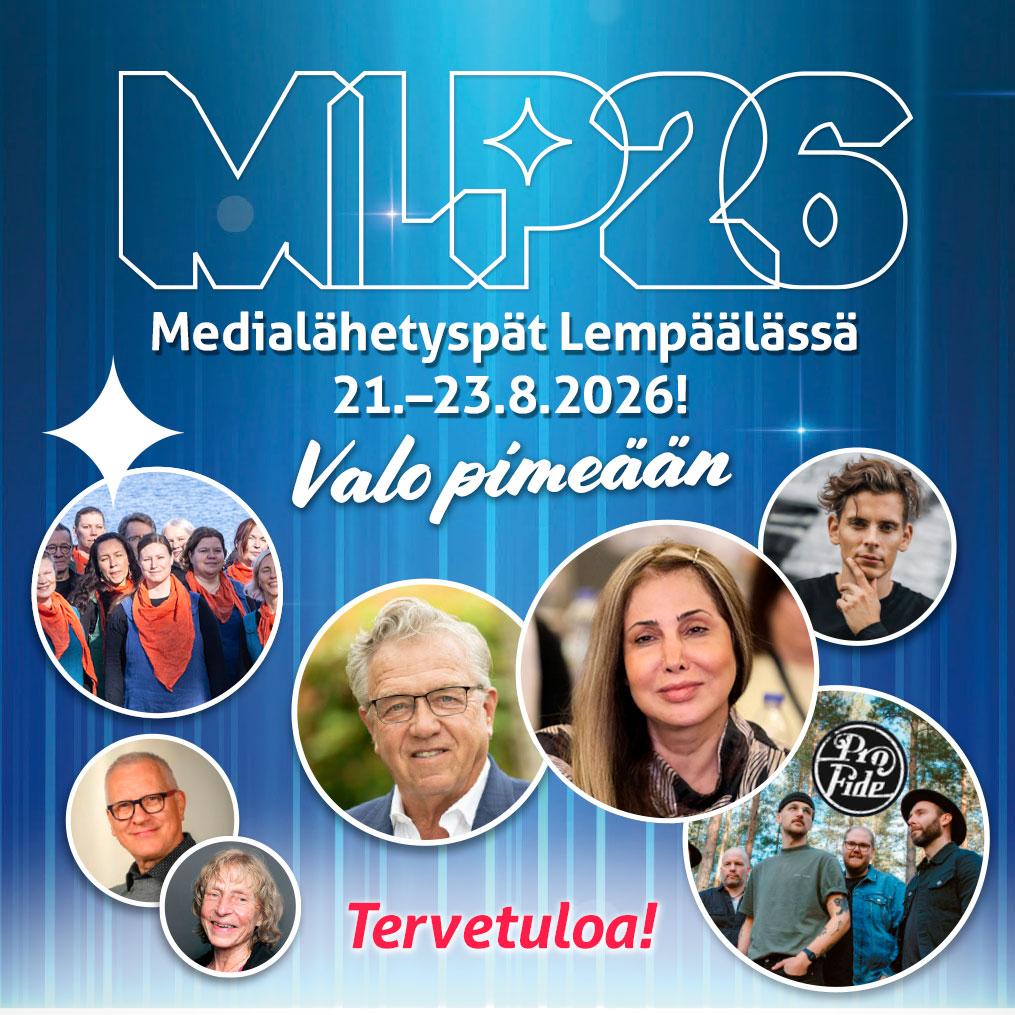 Mainoskuva, jossa ihmisten kuvia ja teksti: MLP 2026 ja Valo pimeään.