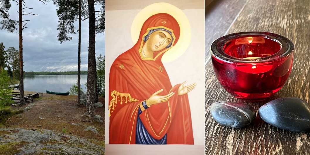Näkymä järvelle, vene rannassa. Jumalan äidin ikoni, punainen tuikkukynttilä ja kaksi kiveä.