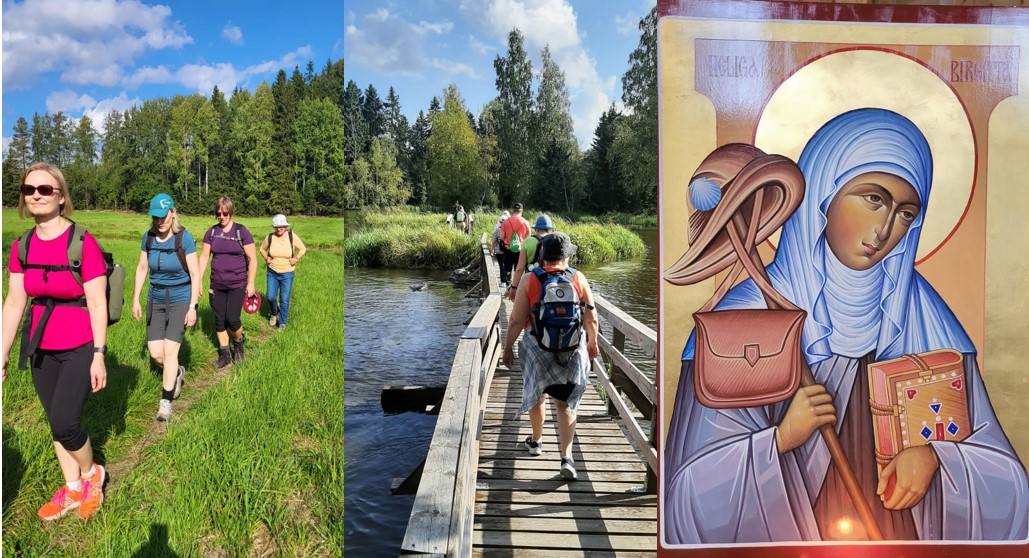 Kuvassa pyhiinvaeltajia sekä vihreällä niityllä, että puisella sillalla. Lisäksi maalaus Pyhästä Birgitasta